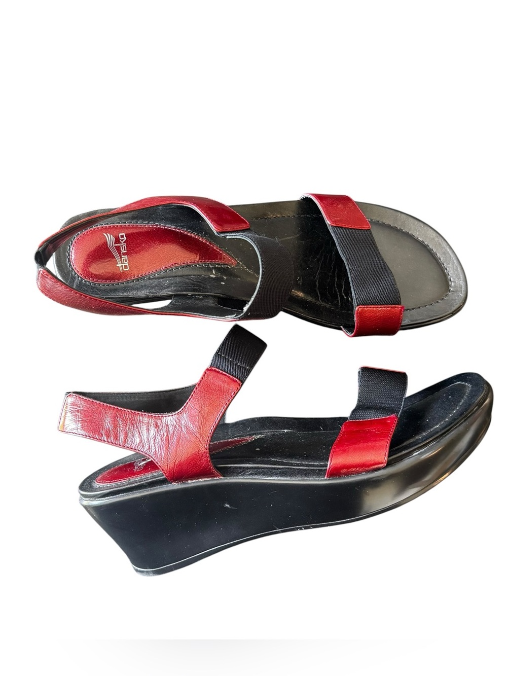 Dansko - Red Patent Leather Black Elastic Wedge Sandals Sz 40